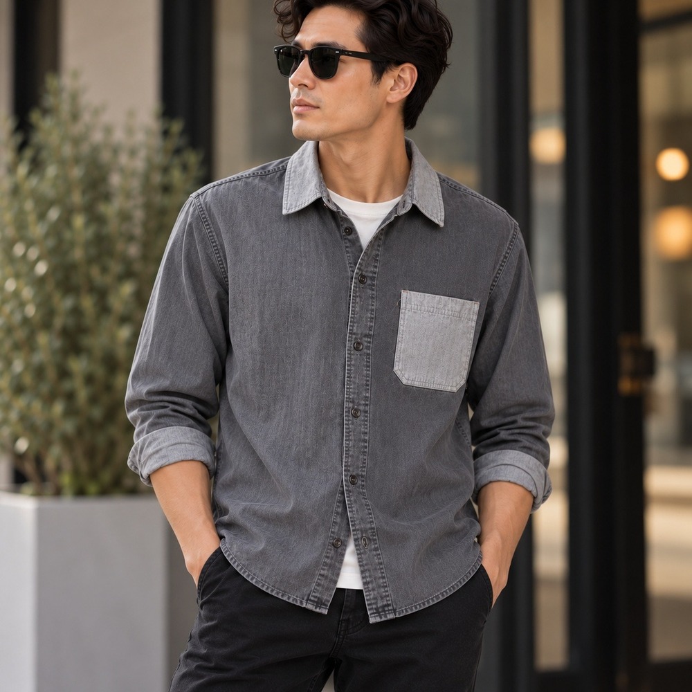 Hollister Mens Medium Grey Two Tone Colorblock Button Down Shirt Long Sleeve